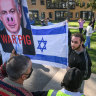 Jewish counter-protesters confront a pro-Palestinian rally the Monash University encampment this month.