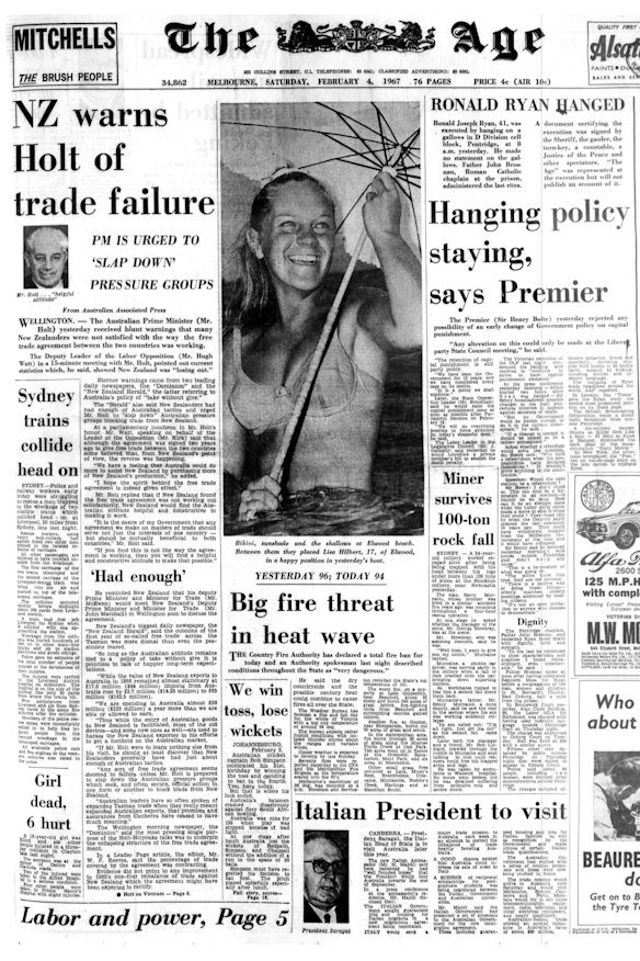 Newspapers around the world documented the last legal execution in Australia. Ronald Ryan was executed by hanging on a gallows in D Division cell block in Pentridge Prison, Coburg, after being found guilty of murder.

According to The Age’s front page, Ryan made “no statement on the gallows”. The Age “was represented at the execution”, but elected not to publish an account, as it had campaigned against capital punishment, along with other newspapers. The then premier, Sir Henry Bolte, tried to persuade The Age’s board to tone down its editorials on the subject. The build-up had been headline news, but Melbourne newspapers chose to report the hanging in a few paragraphs.