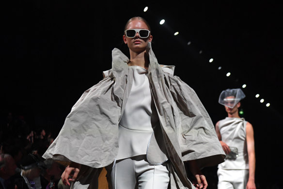 A model walks the runway wearing a Toni Maticevski outfit for the Grand Showcase.