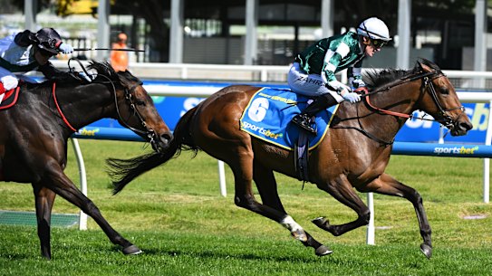 Mark Zahra aboard Deny Knowledge beats Mr Brightside home.