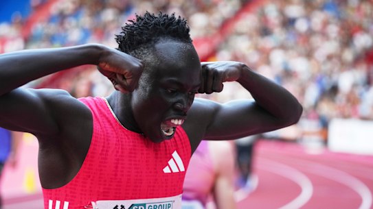 Gout Gout roars in delight after his 200-metre victory in Ostrava.