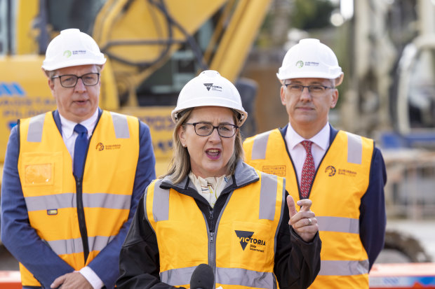 Premier Jacinta Allan making a Suburban Rail Loop announcement.