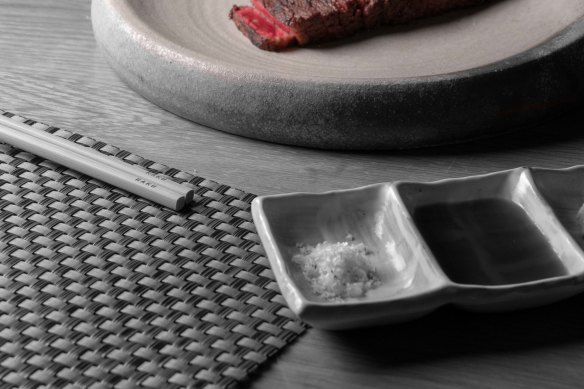 Tajima wagyu striploin with rhubarb salt. 