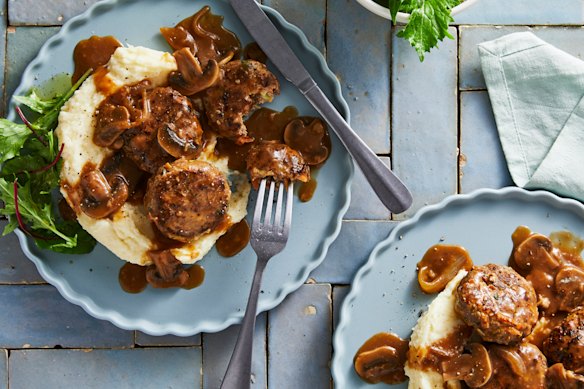 RecipeTin Eats’ rissoles with mushroom gravy.
