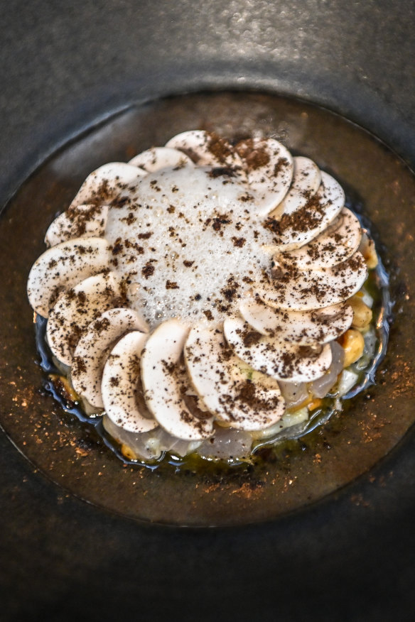 Charred blue eye and mushroom tartare.