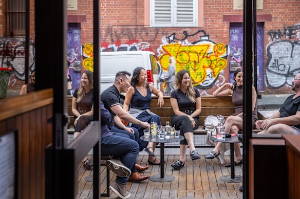 Seating spills out to the street.