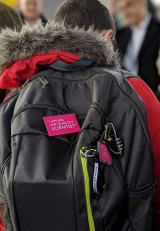 A student at Haimo Primary School in London with one of the backpacks designed to track air pollution.