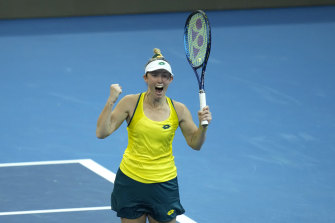 Storm Sanders celebrates her upset win of Elise Mertens.