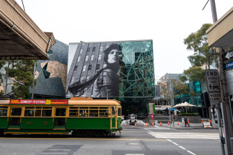 Large-scale installation by American artist Cindy Sherman at Fed Square.
