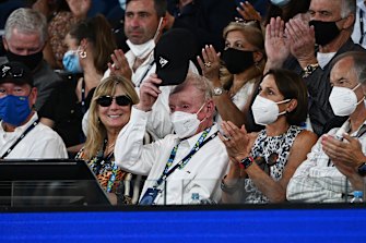 Rod Laver acknowledges the crowd during the third round singles match between Alex de Minaur of Australia and Pablo Andujar of Spain on Rod Laver Arena on Saturday.