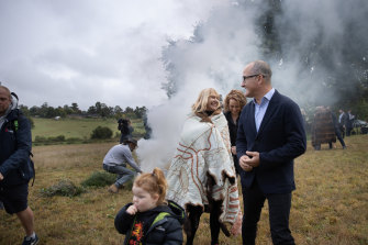First Peoples’ Assembly co-chair Geraldine Atkinson, Ms Williams and acting Premier James Merlino at the launch of the Yoo-rrook Justice Commission at Coranderrk, near Healesville on March 9.