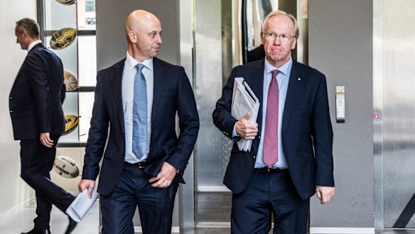 Big call: Todd Greenberg and Peter Beattie at League Central on Thursday.
