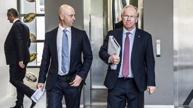 Big call: Todd Greenberg and Peter Beattie at League Central on Thursday.