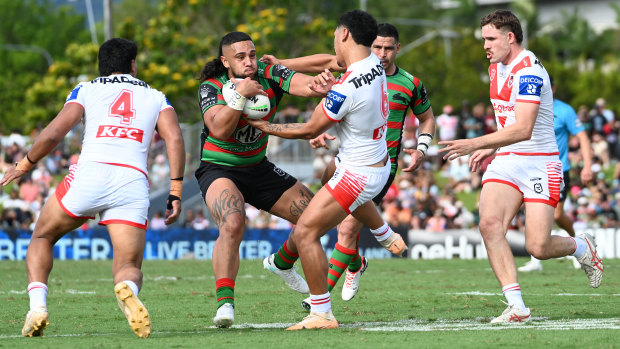 Keaon Koloamatangi takes on the Dragons defence in Cairns on Sunday.
