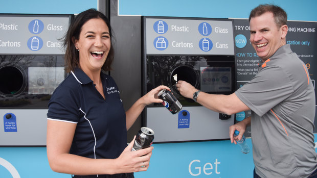 Tomra marketing manager Rachel Draper and Nudge executive director Ashley Little at the reverse vending machine trial kiosk in Bull Creek. 