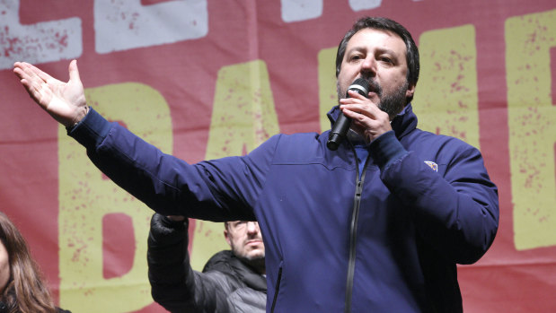 Matteo Salvini of the League speaks to supporters during a campaign event in Bibbiano, Emilia-Romagna, Italy, last week.