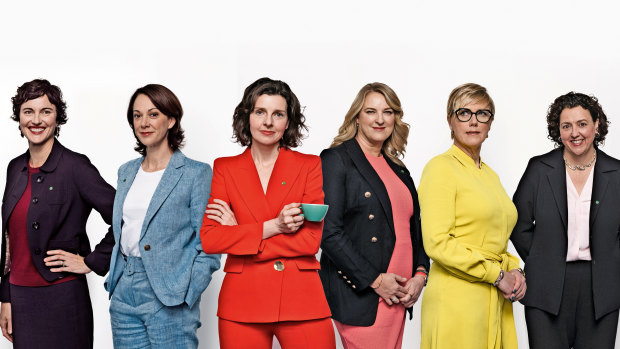 Teal MPs (from left) Kate Chaney, Sophie Scamps, Allegra Spender, Kylea Tink, Zoe Daniel and Monique Ryan.