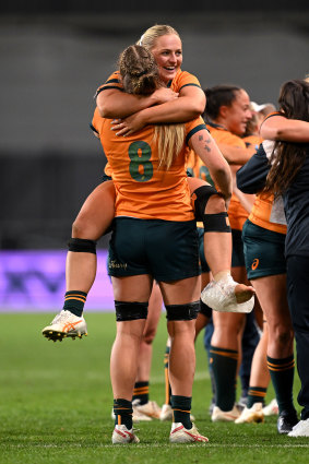Carys Dallinger and Kaitlan Leaney celebrate the victory over France.