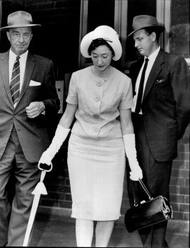 Det. R. Rudgley, Mrs. M. Fowler, and Det. Insp. R. Watson outside court. March 21, 1963.