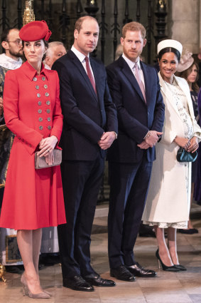 Meghan - pictured here with Kate, the Duchess of Cambridge, Prince William, and Prince Harry - is often photographed wearing heels.