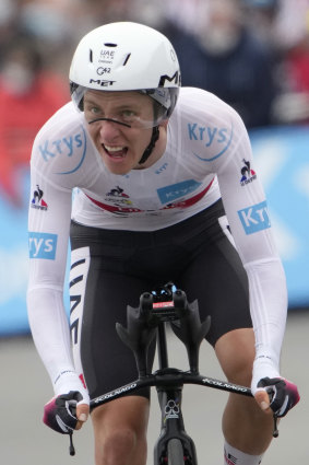 Tadej Pogacar, the overall Tour winner last year, in the best young rider’s jersey.