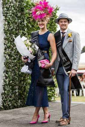 Last year's winners of Melbourne Cup fashions on the field at Thoroughbred Park,  Cobie Sheehan and Joshua Burgess.
