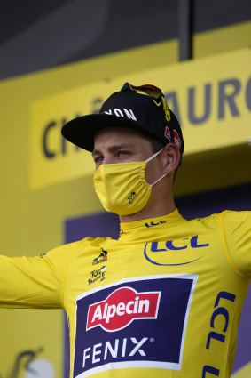 Mathieu Van Der Poel in the overall leader’s yellow jersey.
