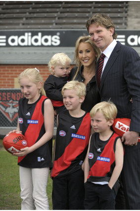 James Hird and wife Tania with their children, including Tom (centre) in 2010, when James was appointed coach of Essendon.