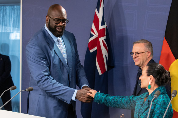 Prime Minister Anthony Albanese and Minister for Indigenous Australians Linda Burney with former NBA star Shaquille O’Neal last week.