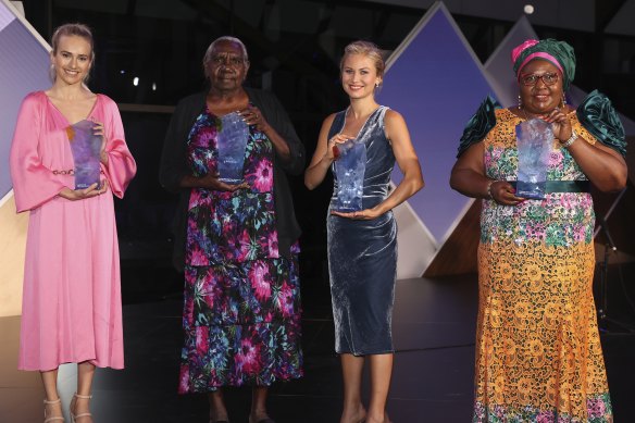 Young Australian of the Year Isobel Marshall, Senior Australian of the Year Dr Miriam-Rose Ungunmerr-Baumann, Australian of the Year Grace Tame and Local Hero Rosemary Kariuki at the presentation ceremony in Canberra.