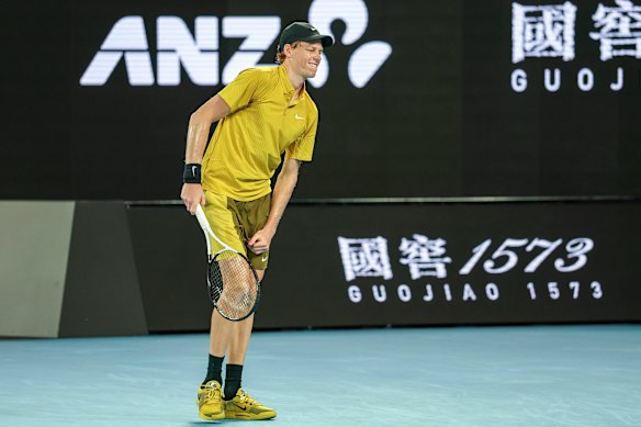 Two-time reigning men’s Australian Open champion Jannik Sinner as he began to cramp.