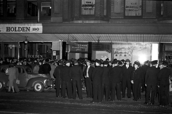Communists and police clash at a demonstration outside the Ironworker Building in Sydney in 1950.