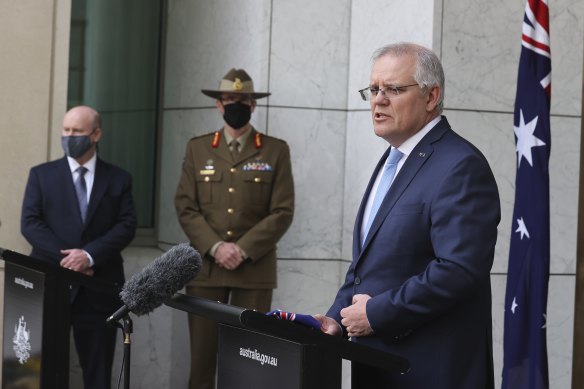 Prime Minister Scott Morrison, with Secretary of the Department of Defence Greg Moriarty and Chief of the Defence Force General Angus Campbell, said Australia’s “relationship with the United States is a forever relationship”.