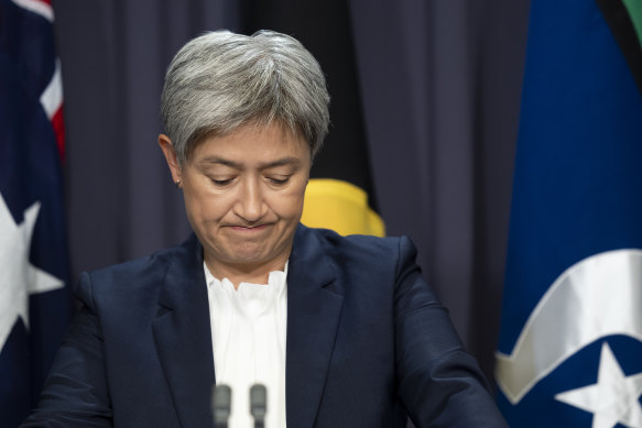 Shaken: Foreign Affairs Minister Penny Wong today.