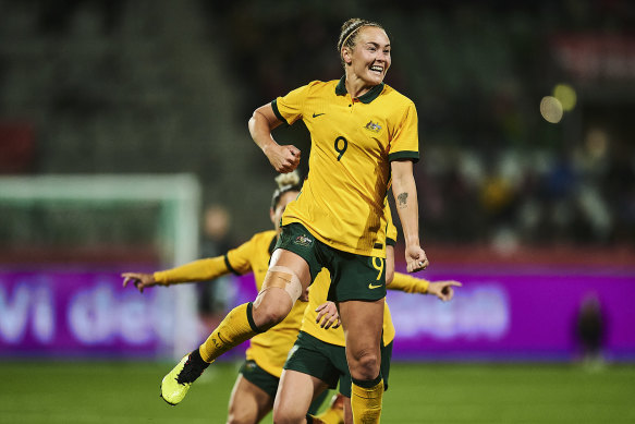 Caitlin Foord celebrates the final goal in Australia’s come-from-behind 3-1 win over Denmark.