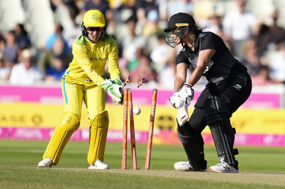 New Zealand’s Suzie Bates is bowled by Australian quick Megan Schutt.