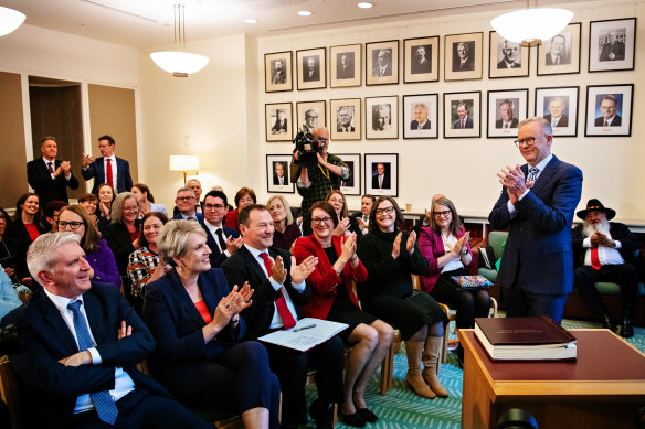 Prime Minister Anthony Albanese at Labor’s first caucus meeting since the election.