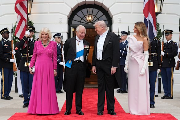 Queen Camilla wearing a Fiona Clare dress, with King Charles, President Donald Trump and US first lady Melania Trump, in Dior, at the White House.
