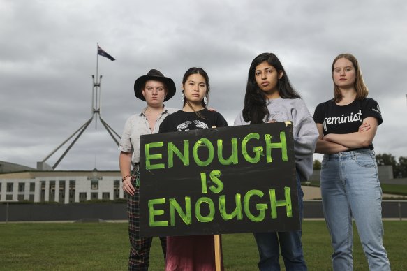 Katchmirr Russell, Madeleine Chia, Avan Daruwalla and Aoibhinn Crimmins ahead of the Women’s March 4 Justice at Parliament House in Canberra.