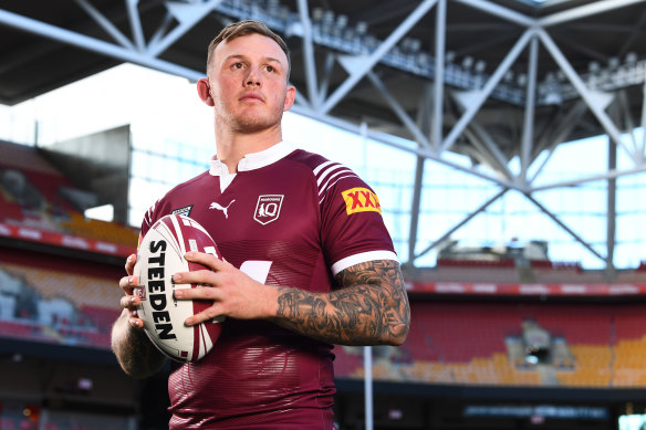 J’maine Hopgood proudly wears the maroon at Suncorp Stadium ahead of Game 1 of State of Origin.