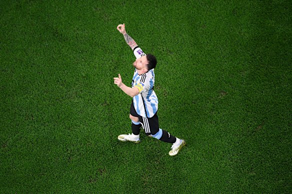 Lionel Messi of Argentina celebrates after scoring the team’s first goal.