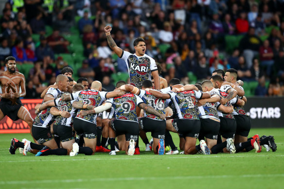 Latrell Mitchell of the Indigenous All Stars leads the Indigenous war cry in 2019.