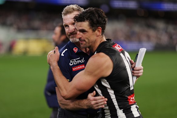 Nathan Buckley coached Scott Pendlebury at Collingwood. He is now an assistant at Geelong. 