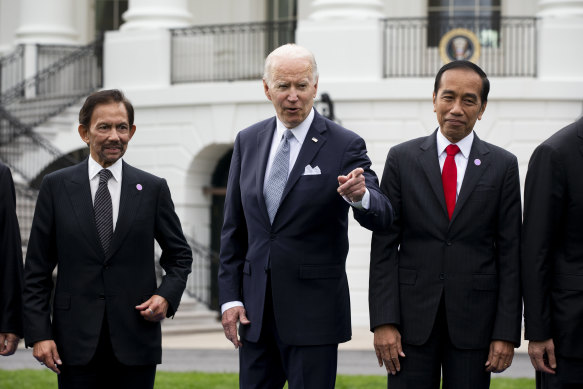 US President Joe Biden, centre, with Hassanal Bolkiah, Brunei’s sultan, left, and Joko Widodo, Indonesia’s president.