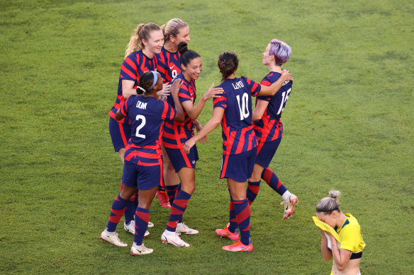 Megan Rapinoe celebrates one of her two goals.