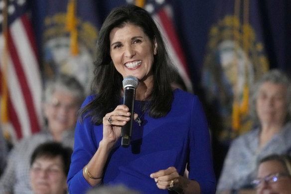 Republican presidential candidate Nikki Haley takes a question from the audience during a campaign gathering last month. 