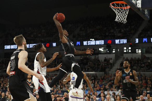 Winding up: United's Casey Prather flies high against Adelaide.