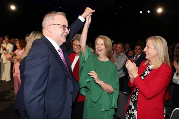Julia Gillard greets Anthony Albanese at the official campaign launch in Perth on Sunday afternoon.