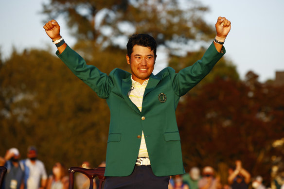 Hideki Matsuyama celebrates winning the Masters last year.