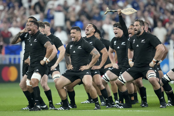 The All Blacks perform the haka before the 2023 Rugby World Cup opener.